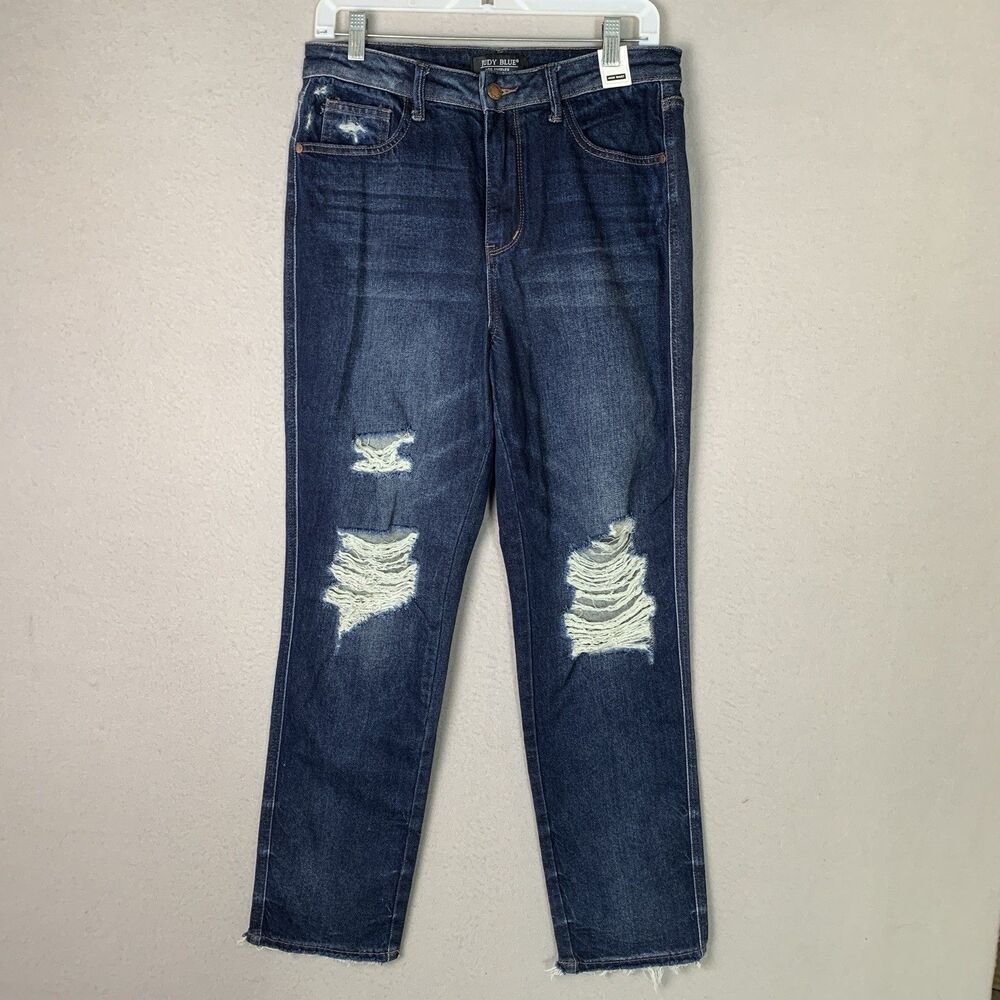 Judy Blue Jeans Womens 9/29 Blue High Waist  Straight Fit Raw Hem Distress NWT